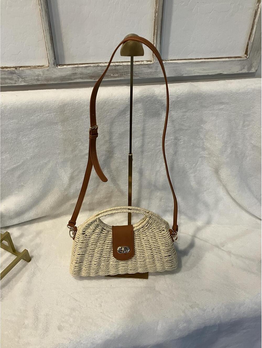 Kurava Woven Straw Handbag with Brown Leather Accents - Picture 3 of 10